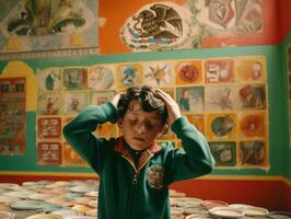 photo of emotional dynamic pose Mexican kid in school AI Generative