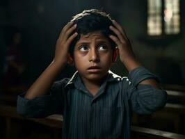 foto de emocional dinámica actitud mexicano niño en colegio ai generativo