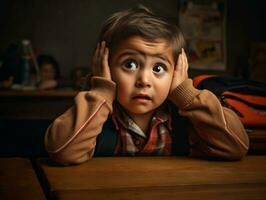 photo of emotional dynamic pose Mexican kid in school AI Generative