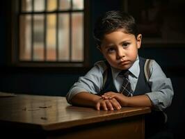 photo of emotional dynamic pose Mexican kid in school AI Generative