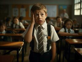 photo of emotional dynamic pose Mexican kid in school AI Generative