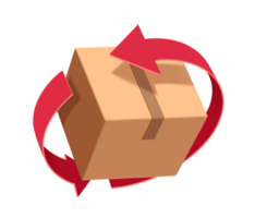 röd pil roterar runt om paket låda eller kartong låda till representera återvinning av papper eller till betyda den där paket låda är varelse returnerad till avsändare png