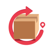 rood pijl draait in de omgeving van pakket doos of karton doos naar staan voor recycling van papier of naar betekenen dat pakket doos is wezen keerde terug naar afzender png