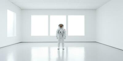 AI Generated. AI Generative. Astronaut in white empty room. Minimal space adventures suit view. Graphic Art photo