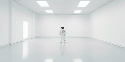 AI Generated. AI Generative. Astronaut in white empty room. Minimal space adventures suit view. Graphic Art photo