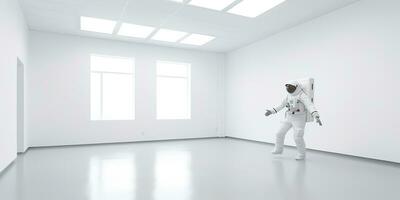 AI Generated. AI Generative. Astronaut in white empty room. Minimal space adventures suit view. Graphic Art photo