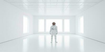 AI Generated. AI Generative. Astronaut in white empty room. Minimal space adventures suit view. Graphic Art photo