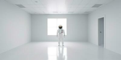 AI Generated. AI Generative. Astronaut in white empty room. Minimal space adventures suit view. Graphic Art photo