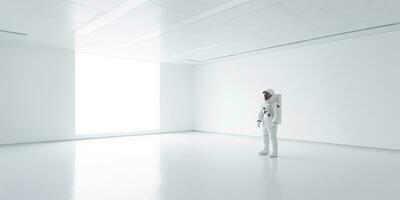 AI Generated. AI Generative. Astronaut in white empty room. Minimal space adventures suit view. Graphic Art photo