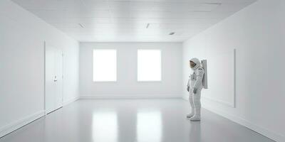 AI Generated. AI Generative. Astronaut in white empty room. Minimal space adventures suit view. Graphic Art photo