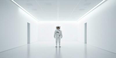 AI Generated. AI Generative. Astronaut in white empty room. Minimal space adventures suit view. Graphic Art photo