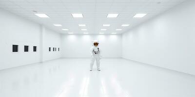 AI Generated. AI Generative. Astronaut in white empty room. Minimal space adventures suit view. Graphic Art photo