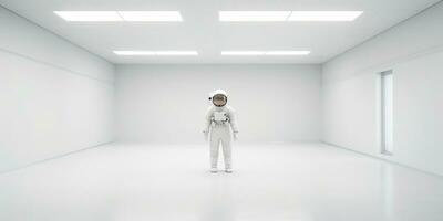 AI Generated. AI Generative. Astronaut in white empty room. Minimal space adventures suit view. Graphic Art photo