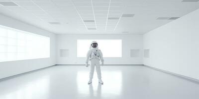 AI Generated. AI Generative. Astronaut in white empty room. Minimal space adventures suit view. Graphic Art photo