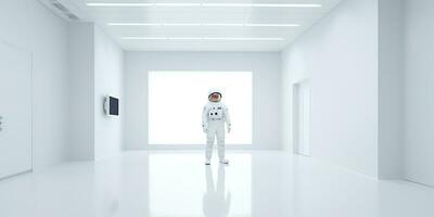 AI Generated. AI Generative. Astronaut in white empty room. Minimal space adventures suit view. Graphic Art photo