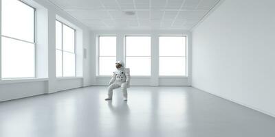 AI Generated. AI Generative. Astronaut in white empty room. Minimal space adventures suit view. Graphic Art photo