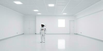 AI Generated. AI Generative. Astronaut in white empty room. Minimal space adventures suit view. Graphic Art photo