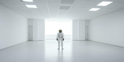 AI Generated. AI Generative. Astronaut in white empty room. Minimal space adventures suit view. Graphic Art photo