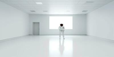 AI Generated. AI Generative. Astronaut in white empty room. Minimal space adventures suit view. Graphic Art photo