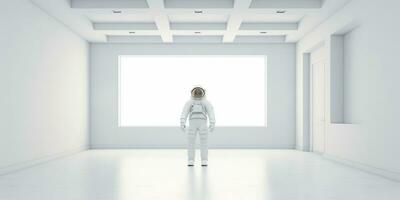 AI Generated. AI Generative. Astronaut in white empty room. Minimal space adventures suit view. Graphic Art photo