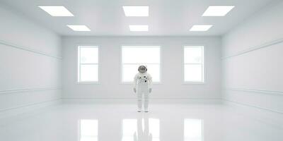 AI Generated. AI Generative. Astronaut in white empty room. Minimal space adventures suit view. Graphic Art photo