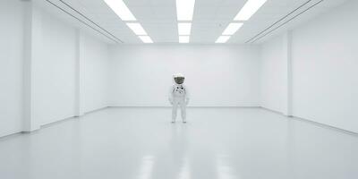 AI Generated. AI Generative. Astronaut in white empty room. Minimal space adventures suit view. Graphic Art photo