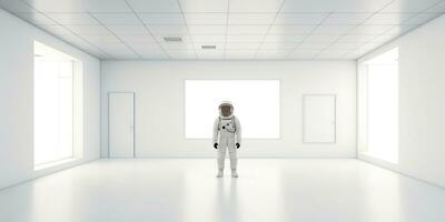 AI Generated. AI Generative. Astronaut in white empty room. Minimal space adventures suit view. Graphic Art photo