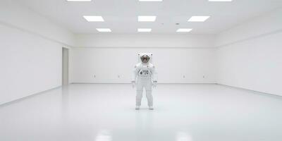 AI Generated. AI Generative. Astronaut in white empty room. Minimal space adventures suit view. Graphic Art photo