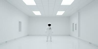 AI Generated. AI Generative. Astronaut in white empty room. Minimal space adventures suit view. Graphic Art photo