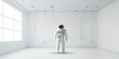 AI Generated. AI Generative. Astronaut in white empty room. Minimal space adventures suit view. Graphic Art photo