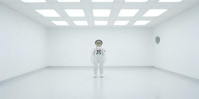 AI Generated. AI Generative. Astronaut in white empty room. Minimal space adventures suit view. Graphic Art photo