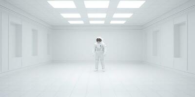 AI Generated. AI Generative. Astronaut in white empty room. Minimal space adventures suit view. Graphic Art photo