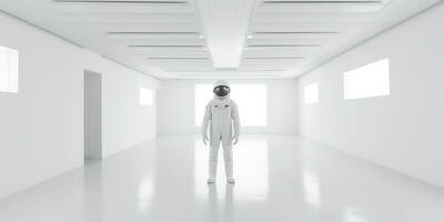 ai generado. ai generativo. astronauta en blanco vacío habitación. mínimo espacio aventuras traje vista. gráfico Arte foto
