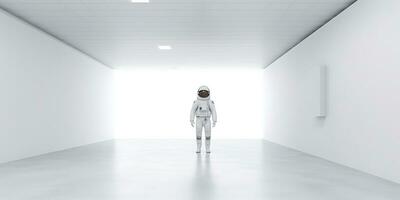 AI Generated. AI Generative. Astronaut in white empty room. Minimal space adventures suit view. Graphic Art photo