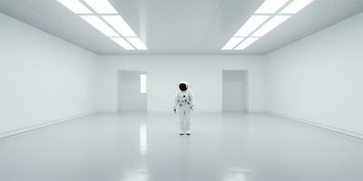 AI Generated. AI Generative. Astronaut in white empty room. Minimal space adventures suit view. Graphic Art photo