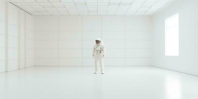 AI Generated. AI Generative. Astronaut in white empty room. Minimal space adventures suit view. Graphic Art photo