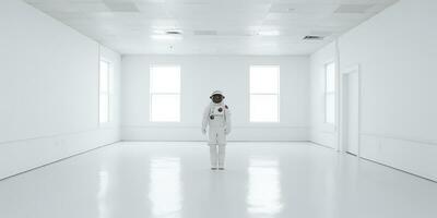 AI Generated. AI Generative. Astronaut in white empty room. Minimal space adventures suit view. Graphic Art photo