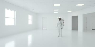 ai generado. ai generativo. astronauta en blanco vacío habitación. mínimo espacio aventuras traje vista. gráfico Arte foto