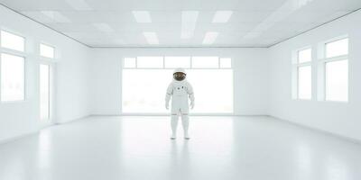 AI Generated. AI Generative. Astronaut in white empty room. Minimal space adventures suit view. Graphic Art photo