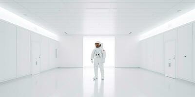 AI Generated. AI Generative. Astronaut in white empty room. Minimal space adventures suit view. Graphic Art photo