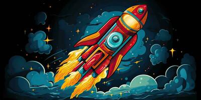 ai generado. ai generativo. dibujos animados cohete Vamos mosca arriba lanzamiento. espacio galaxia aventuras viajar. gráfico Arte foto