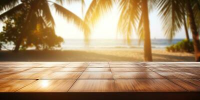 AI Generated. AI Generative. Empty wooden table mockup vacation palms. Graphic Art photo
