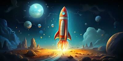 AI Generated. AI Generative. Cartoon rocket go fly up launch. Space galaxy adventure travel. Graphic Art photo