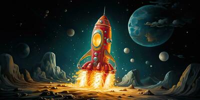 ai generado. ai generativo. dibujos animados cohete Vamos mosca arriba lanzamiento. espacio galaxia aventuras viajar. gráfico Arte foto