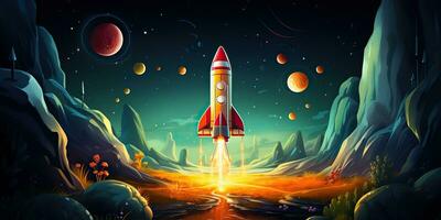 AI Generated. AI Generative. Cartoon rocket go fly up launch. Space galaxy adventure travel. Graphic Art photo