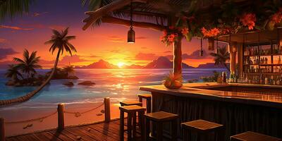 AI Generated. AI Generative. Vacation beach island sand sea ocean bar pub at sunset. Night party fun relaxing vibe. Graphic Art photo