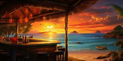 ai generado. ai generativo. vacaciones playa isla arena mar Oceano bar pub a puesta de sol. noche fiesta divertido relajante onda. gráfico Arte foto