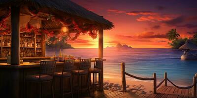 ai generado. ai generativo. vacaciones playa isla arena mar Oceano bar pub a puesta de sol. noche fiesta divertido relajante onda. gráfico Arte foto