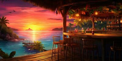 AI Generated. AI Generative. Vacation beach island sand sea ocean bar pub at sunset. Night party fun relaxing vibe. Graphic Art photo