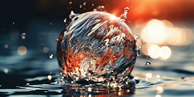 AI Generated. AI Generative. Glass ball fall into the water with many splash around. Graphic decoration background. Graphic Art photo